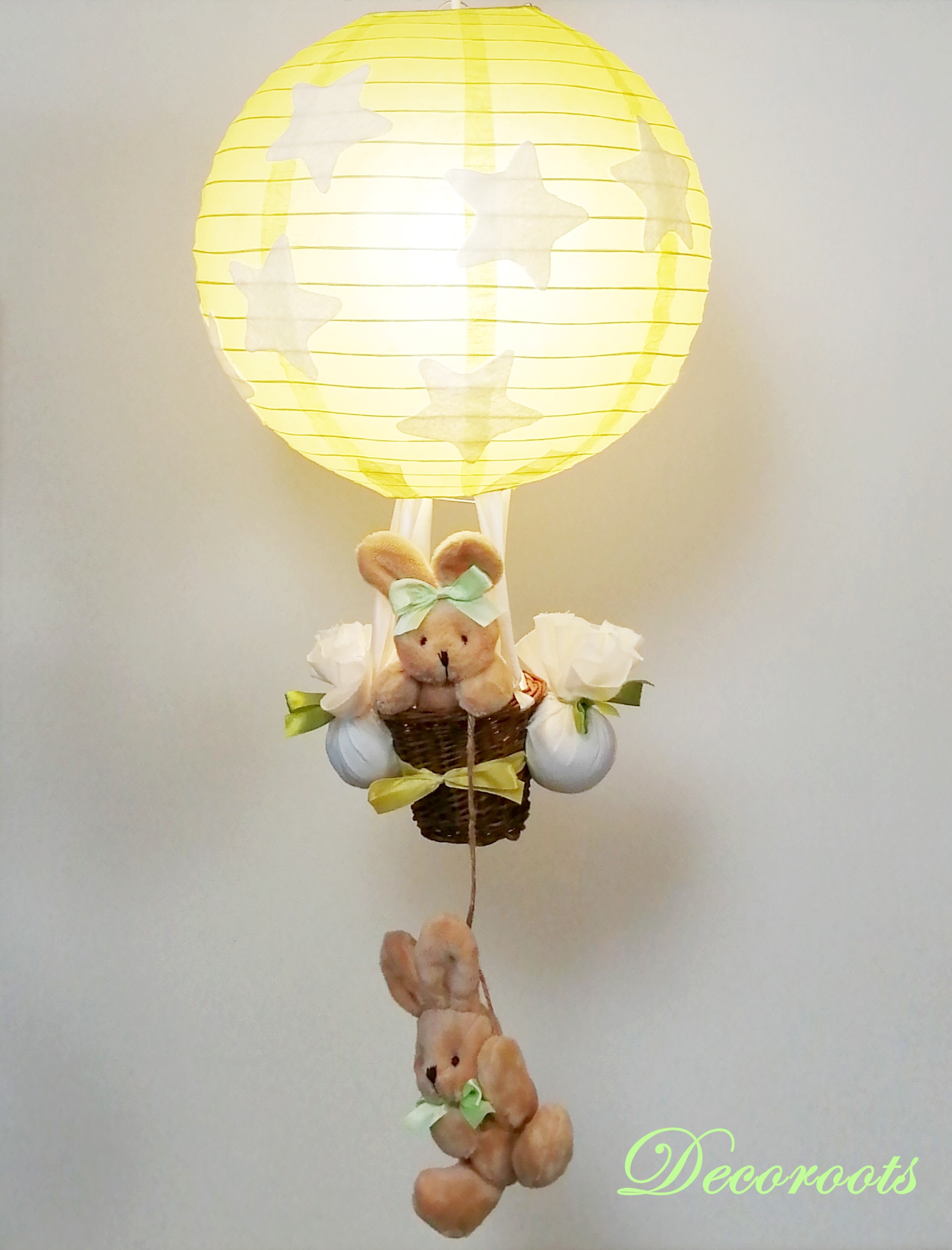 lampe montgolfière luminaire enfant bébé lapin étoile naissance cadeau vert anis beige jaune decoration menthe