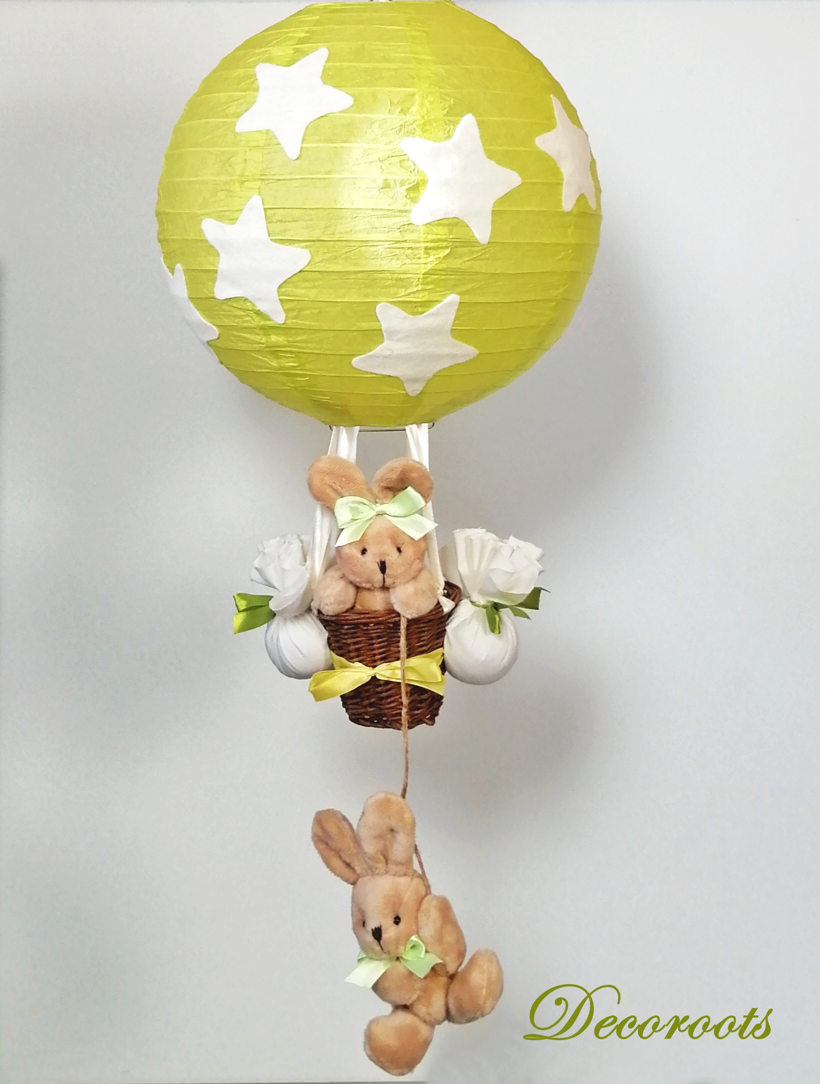 lampe montgolfière luminaire enfant bébé lapin étoile naissance cadeau vert anis beige jaune