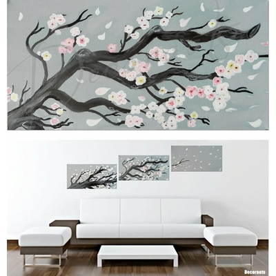 Tableau triptyque zen nature cerisier en fleurs peint à la main.