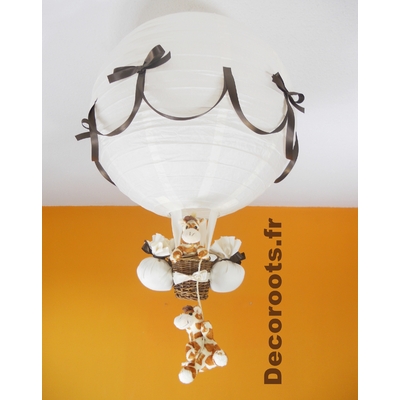 Lampe montgolfière jungle girafe beige et marron chocolat.