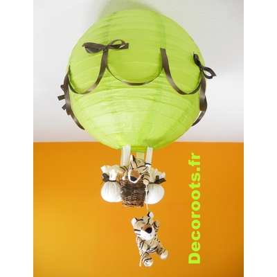 Lampe montgolfière tigre vert anis et marron chocolat.