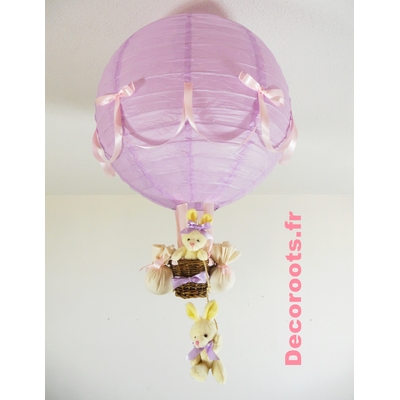 Lampe montgolfière lapin violet parme rose beige ivoire.