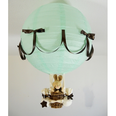 Lampe montgolfière lapin marron chocolat et vert d'eau.