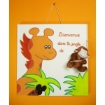 plaque-de-porte-enfant-bebe-girafe-et-singe-peluche-savane-jungle-vert-chocolat-orange beige