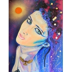 tableau art contemporain femme bleue soleil nuit rose doré