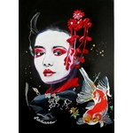 dessin femme geisha carpe koï street art fusain