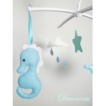 mobile bebe musical thème mer marin baleine hippocampe bleu blanc vert menthe pastel montgolfiere decoration nuage