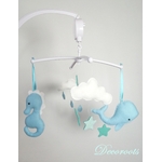 mobile bebe musical thème mer marin baleine hippocampe bleu blanc vert menthe pastel montgolfiere decoration