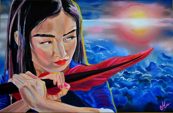 tableau-art-contemporain-femme-samourai-sabre-plume-coucher-de-soleil