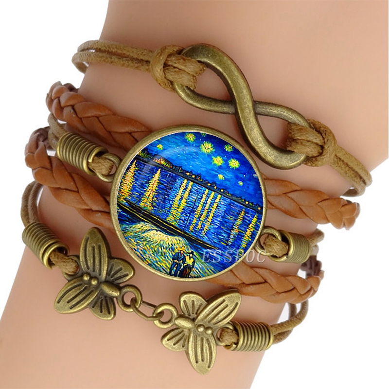 Van-Gogh-Bracelet-nuit-toil-e-Art-bijoux-marron-Bracelet-en-cuir-hommes-femmes-mode-verre