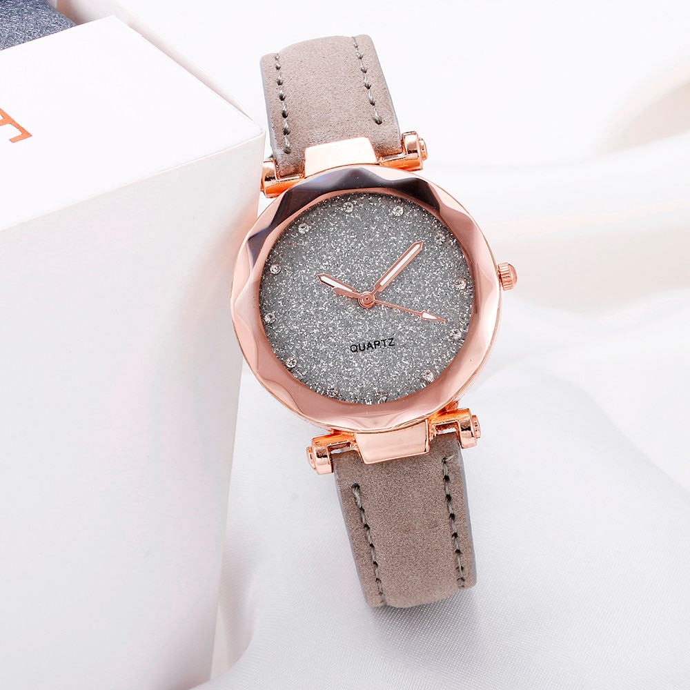 Montre femme ciel étoilé grise bracelet cuir