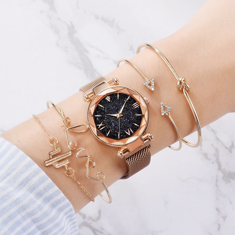 Montre femme ciel étoilé et bracelets marron