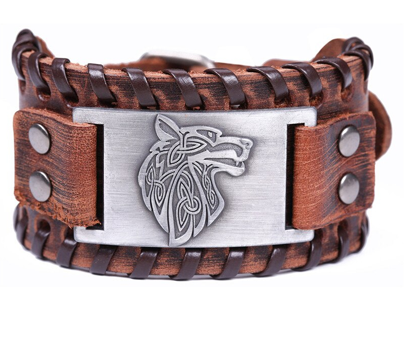 Bracelet Viking Tête de Loup wide brown -silver