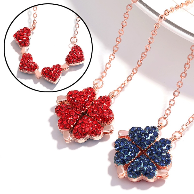 Mode-femmes-filles-alliage-collier-cr-atif-rouge-bleu-Double-face-quatre-coeur-tr-fle-pendentif