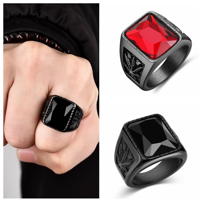 Jiayiqi-hommes-Hiphop-anneau-316L-acier-inoxydable-noir-rouge-pierre-anneau-Rock-mode-homme-bijoux