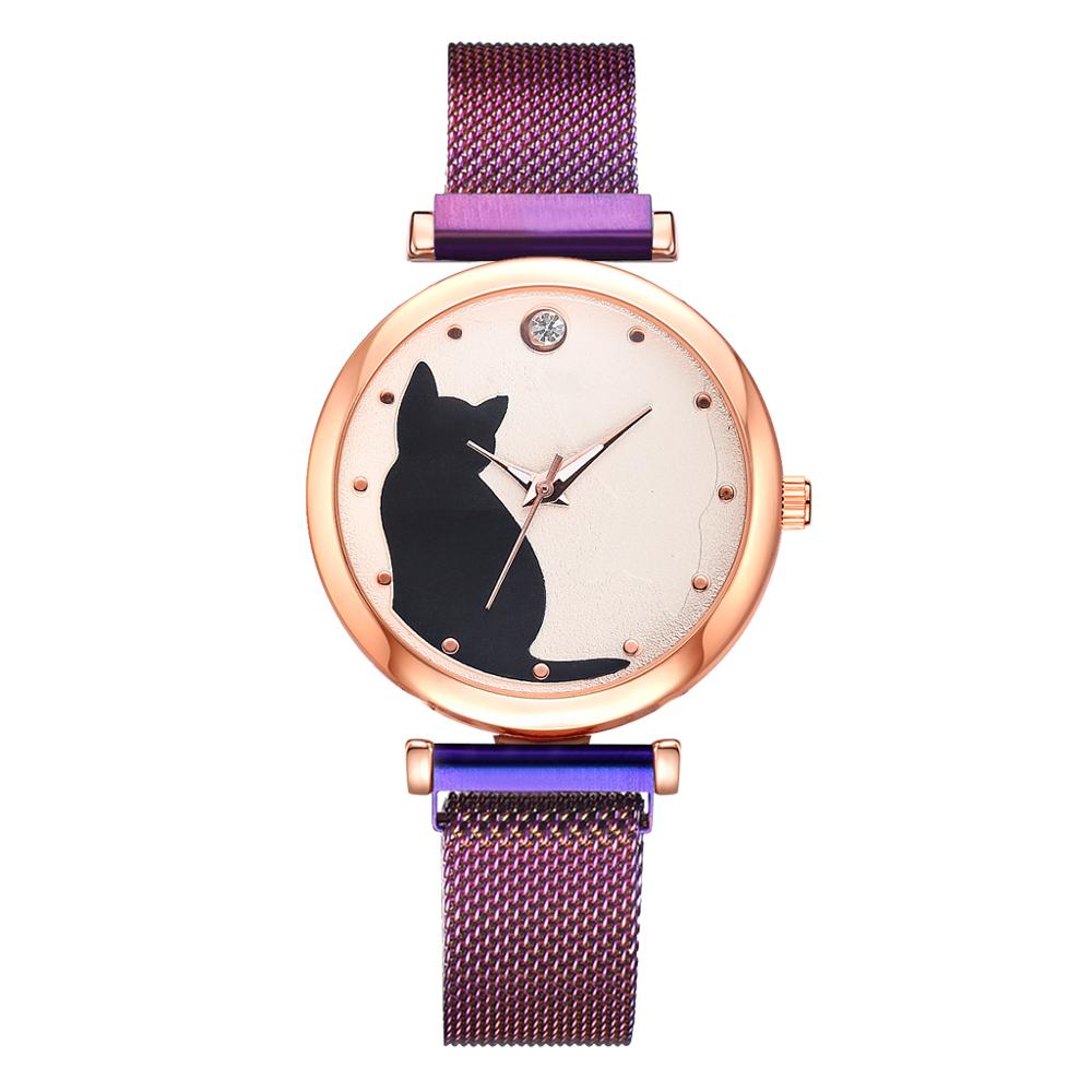 5-pi-ces-ensemble-femmes-montres-or-Rose-Bracelet-ensemble-motif-chat-noir-aimant-montre-dames