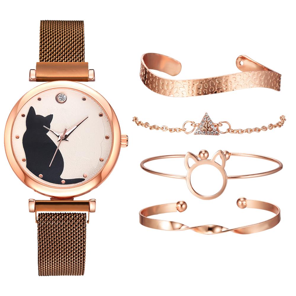 5-pi-ces-ensemble-femmes-montres-or-Rose-Bracelet-ensemble-motif-chat-noir-aimant-montre-dames