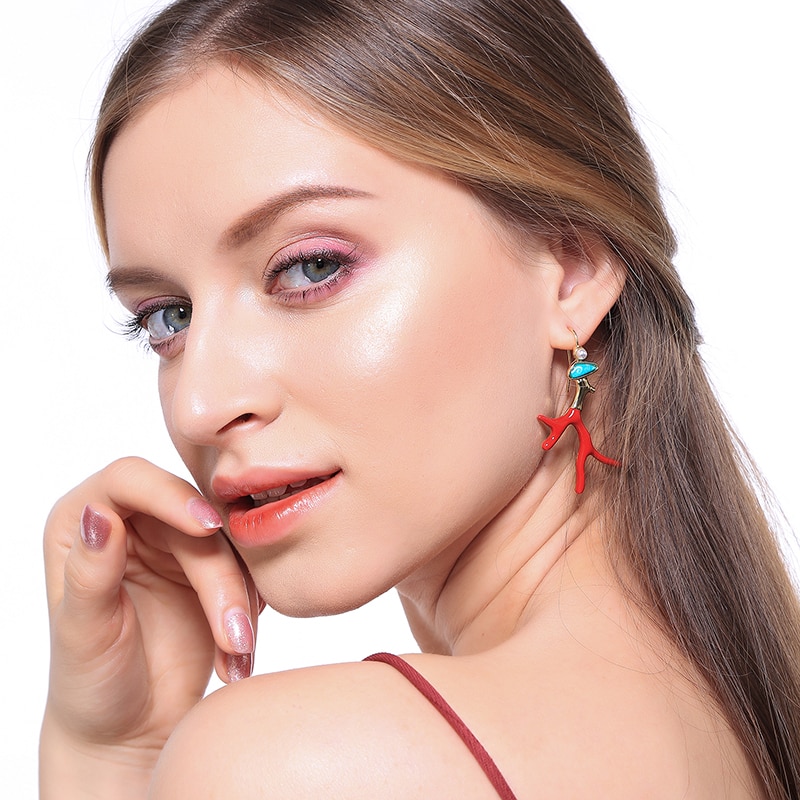balanbiu femmes rouge mail corail bois couleur or boucles d oreilles mode bijoux r sine boucles