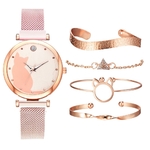 5-pi-ces-ensemble-femmes-montres-or-Rose-Bracelet-ensemble-motif-chat-noir-aimant-montre-dames