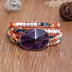 Bracelet Bohème 5 Brins En Cuir Avec Pierres Semi-précieuses Vertes - Perles - Femme - Neuf