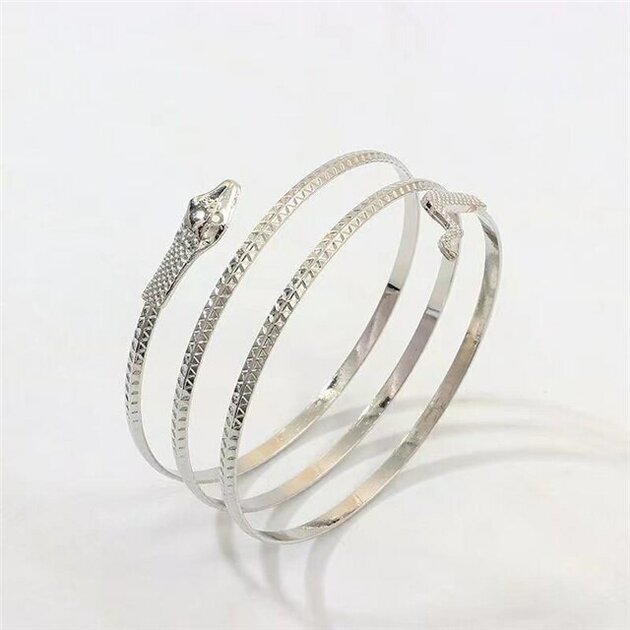 Bracelet Serpent Argenté Style Python Avec Strass - Longueur 23-24cm - Acier Inoxydable - Occasion