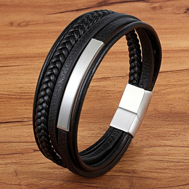 Bracelet Homme EKLAT Cuir Et Acier Inoxydable Tressé Avec Agate, Ajustable, Neuf Avec étiquette