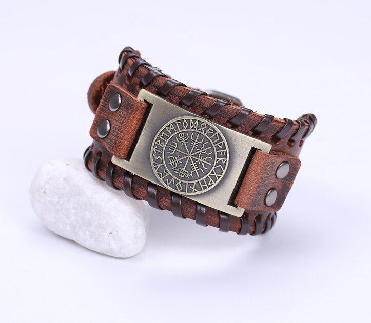 Bracelet Viking En Cuir Marron Avec Pendentif Boussole - Ajustable, Boucle - Style Viking, Neuf Sans Emballage