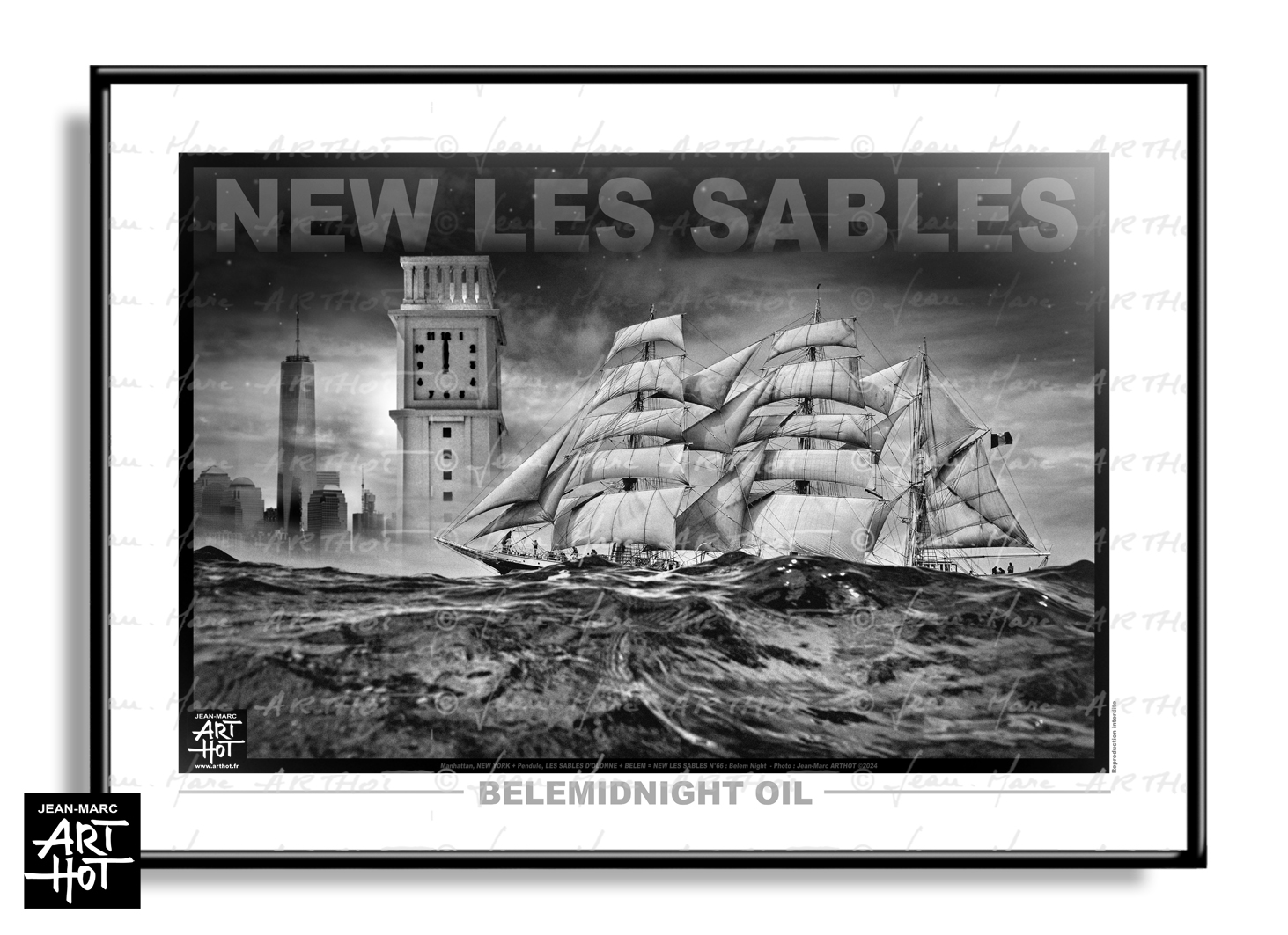 arthot-photo-art-b&amp;w-new-york-vendee-sables-olonne-newlessables-066-trois-mats-belem-nuit-horloge-horiz-AFFICHE
