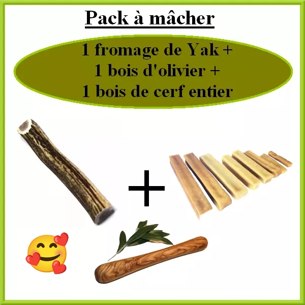 Pack 1 bois de cerf entier + 1 fromage de Yak + 1 bois d\'olivier