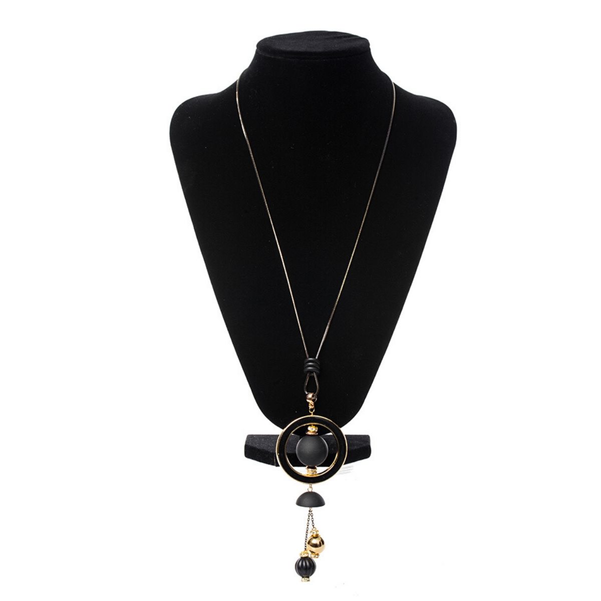 Collier long, pendentif sphère et et cercle en bois luxe (1)