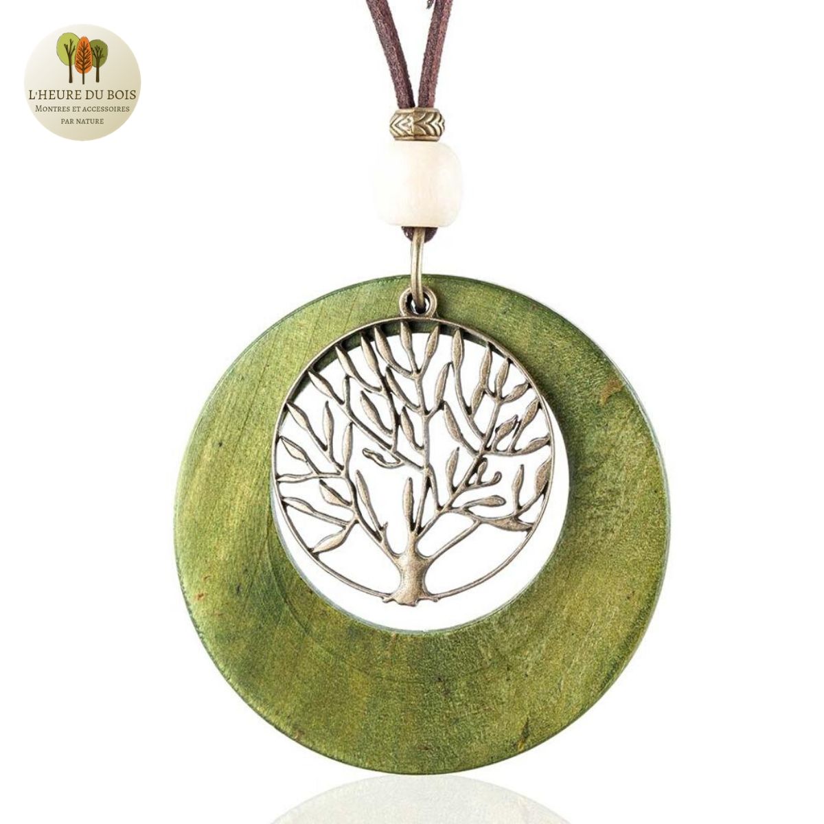 Collier long, pendentif bois et metal arbre de vie (1)