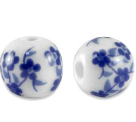25 perles en céramique rondes 8mms Blanc/Bleu de Delft