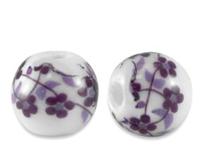 25 perles en céramique rondes 8mms Blanc/Lotus violet