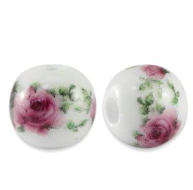 25 perles en céramique rondes 8mms Blanc/Baie Rose