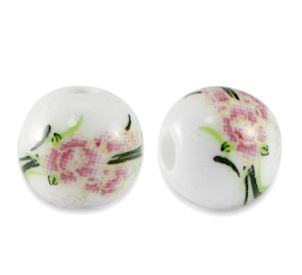 25 perles en céramique rondes 8mms Blanc/Rose bruyère