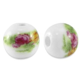 25 perles en céramique rondes 8mms Blanc/Vert