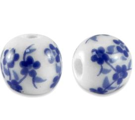 25 perles en céramique rondes 6 mms Blanc/Bleu de Delft