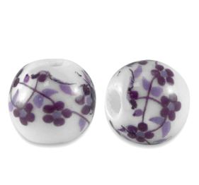25 perles en céramique rondes 6 mms Blanc/Lotus violet