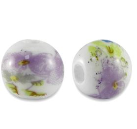 25 perles en céramique rondes 6 mms Blanc/Violet lilas