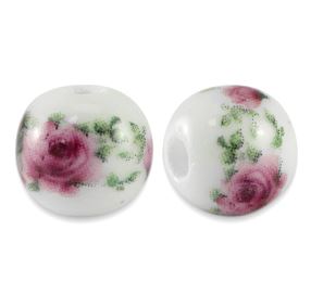 25 perles en céramique rondes 6 mms Blanc/Baie rose