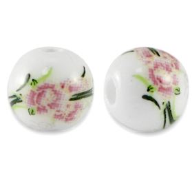25 perles en céramique rondes 6 mms Blanc/Rose bruyère