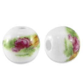 25 perles en céramique rondes 6 mms Blanc/Vert
