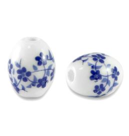 20 perles en céramique ovales 10x8 mms Blanc/Bleu de Delft