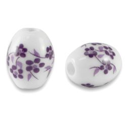20 perles en céramique ovales 10x8 mms Blanc/Lotus violet