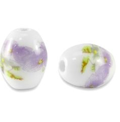 20 perles en céramique ovales 10x8 mms Blanc/Violet lilas