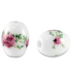 20 perles en céramique ovales 10x8 mms Blanc/Baie rose