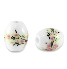 20 perles en céramique ovales 10x8 mms Blanc/Rose bruyère