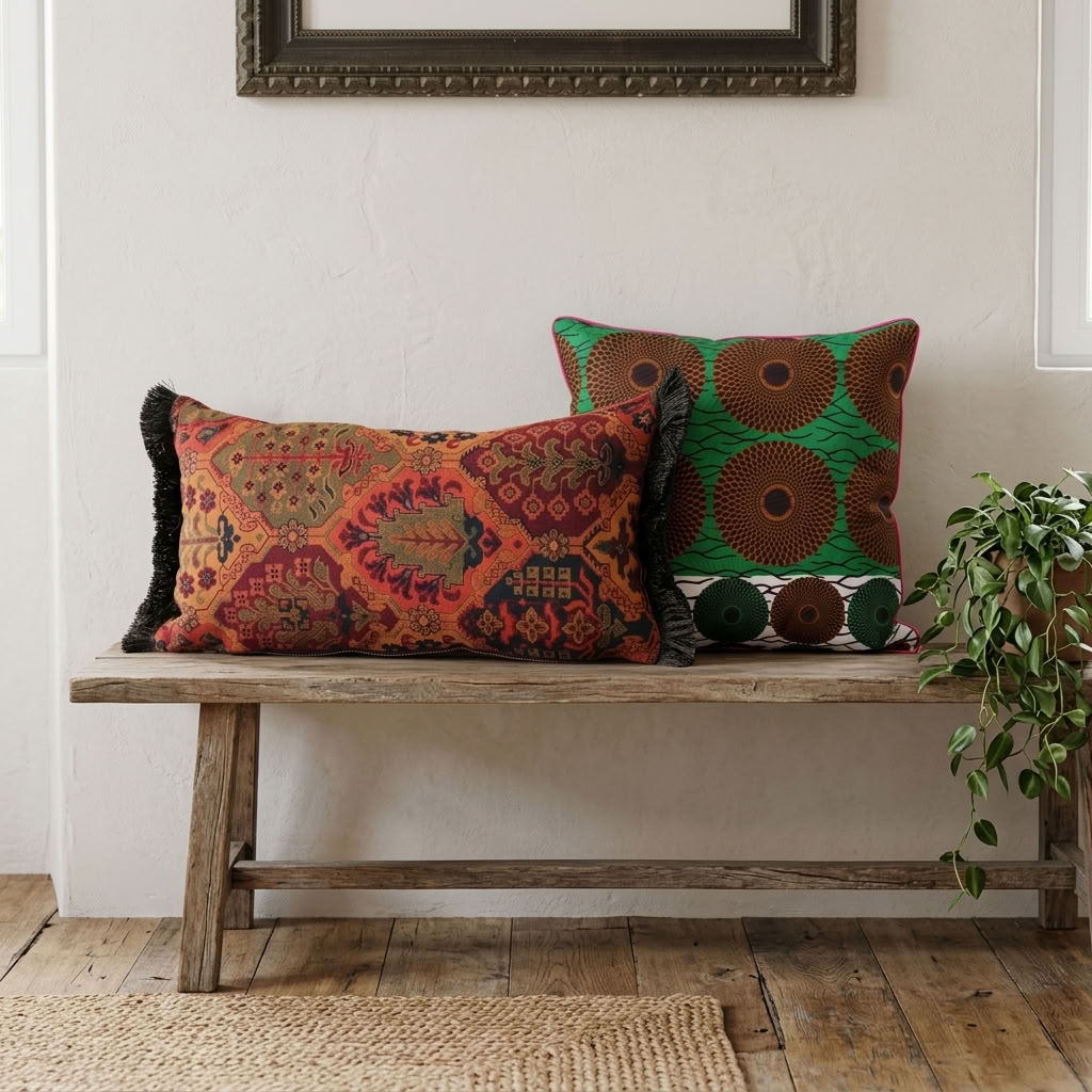 coussin kilim et wax vert