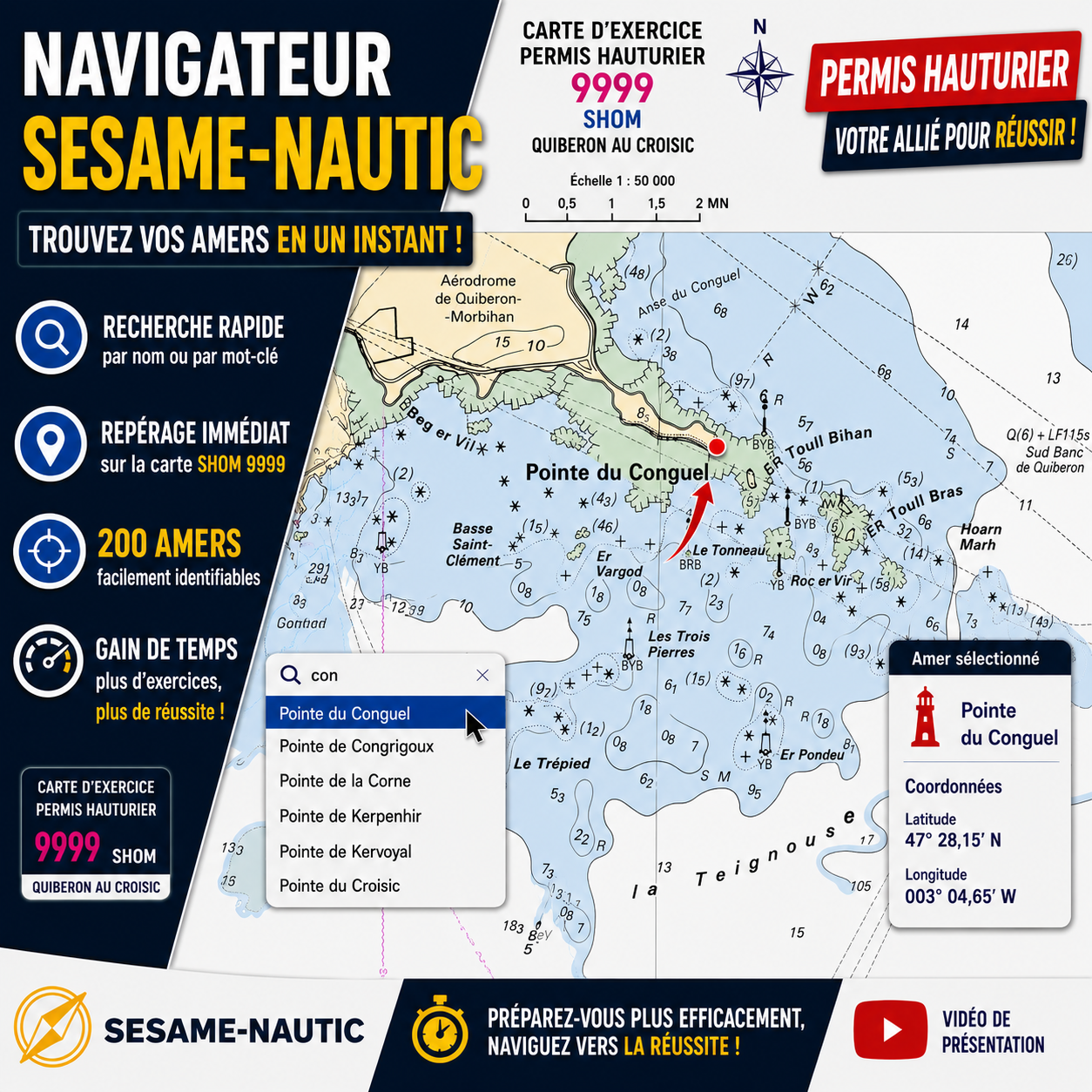carte dexercice 9999 du permis hauturier - position des amers et balises