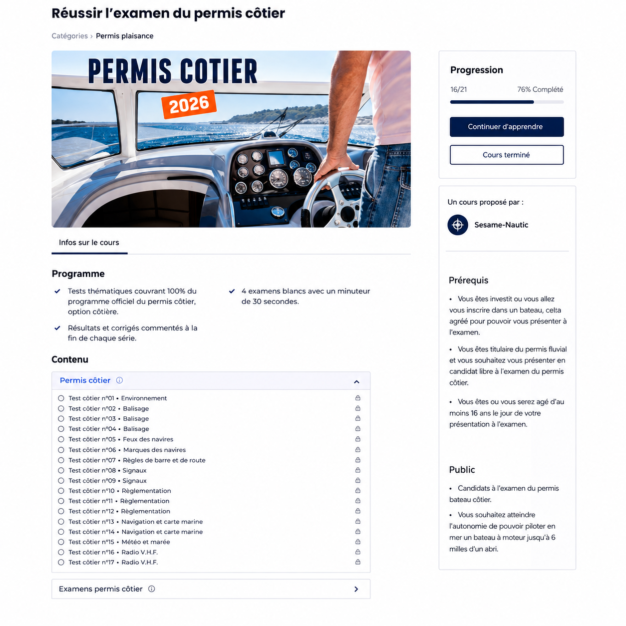 programme de la formation tests permis cotier sesame-nautic